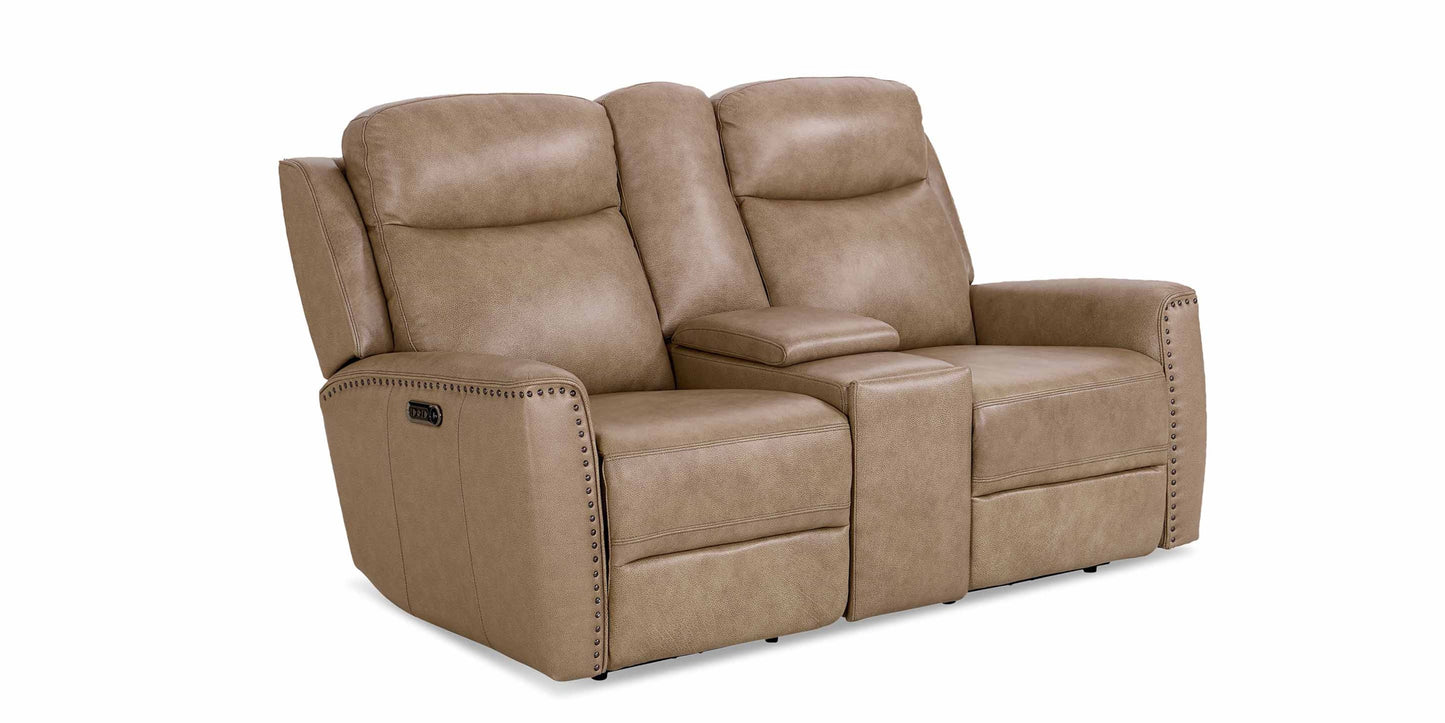 Douglas Leather Power Reclining Loveseat with Center Console Bassett