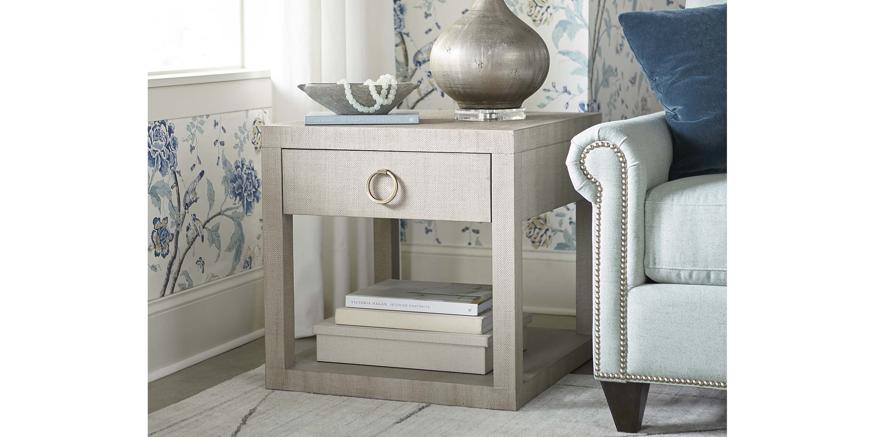 Bassett Ventura End Table — Elm, Two Stocked Finishes — Sand Grey finish