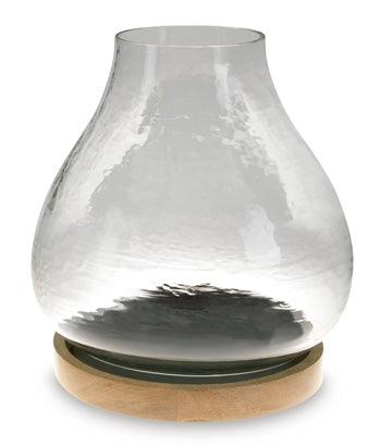 Adalisen Candle Holder — Hammered Glass Hurricane on Wood Signature Design by Ashley® Home Accents