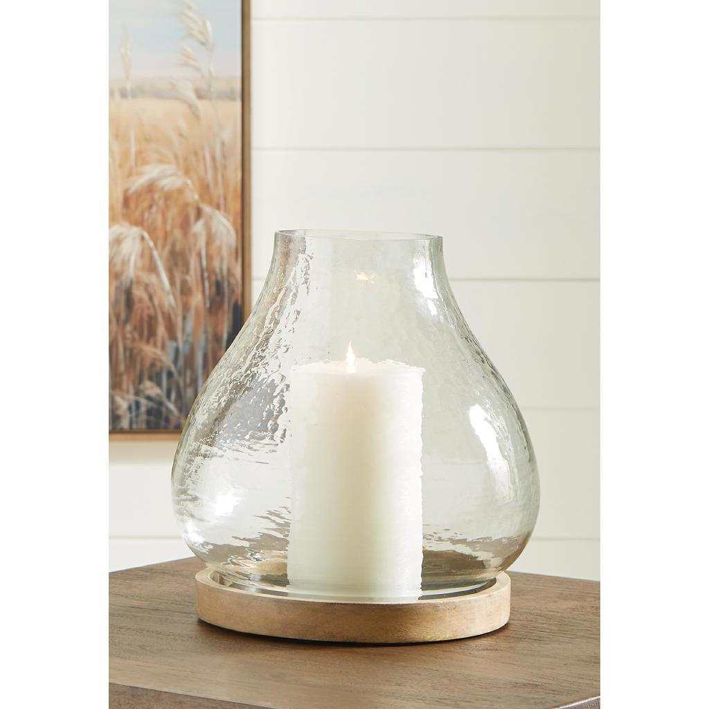 Adalisen Candle Holder — Hammered Glass Hurricane on Wood Signature Design by Ashley® Home Accents