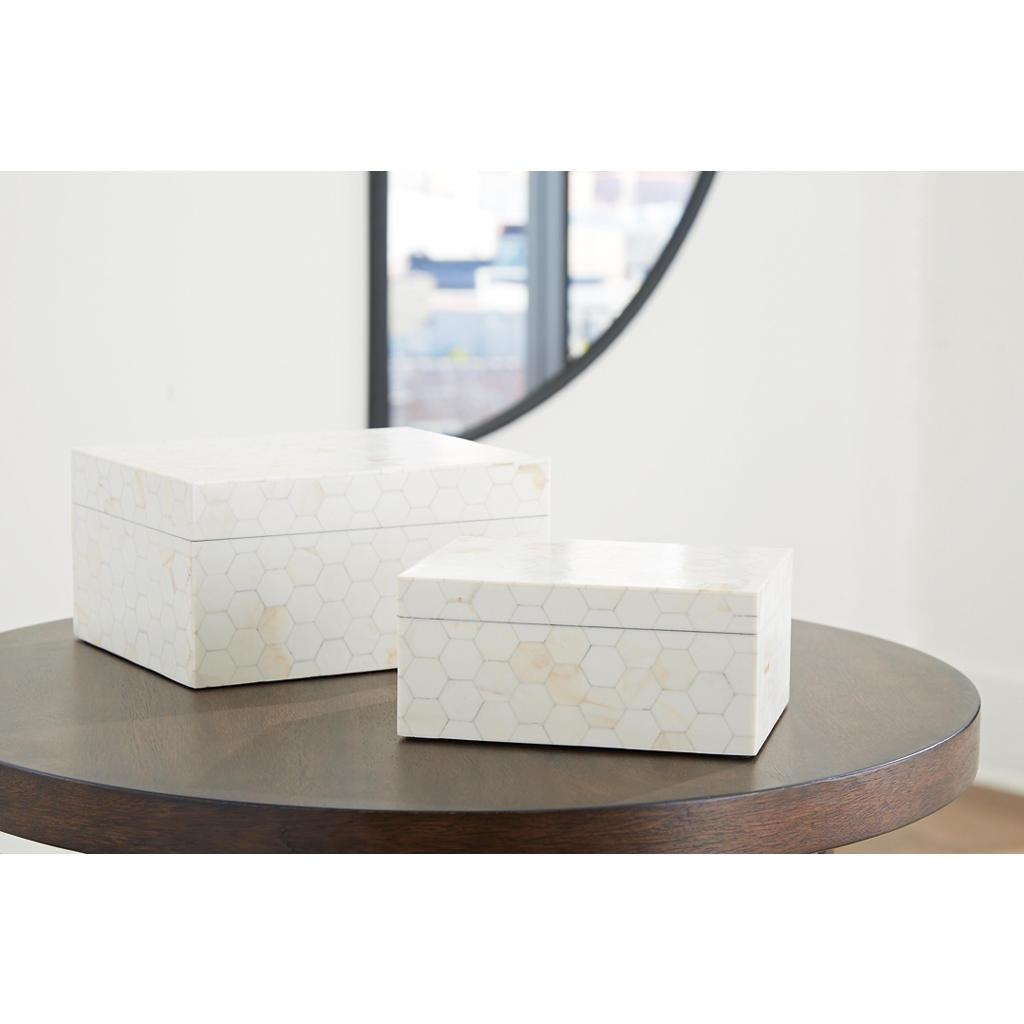 Aldenburg Boxes, Set of 2 — Cream Hexagonal Mosaic Stack Signature Design by Ashley® Home Accents