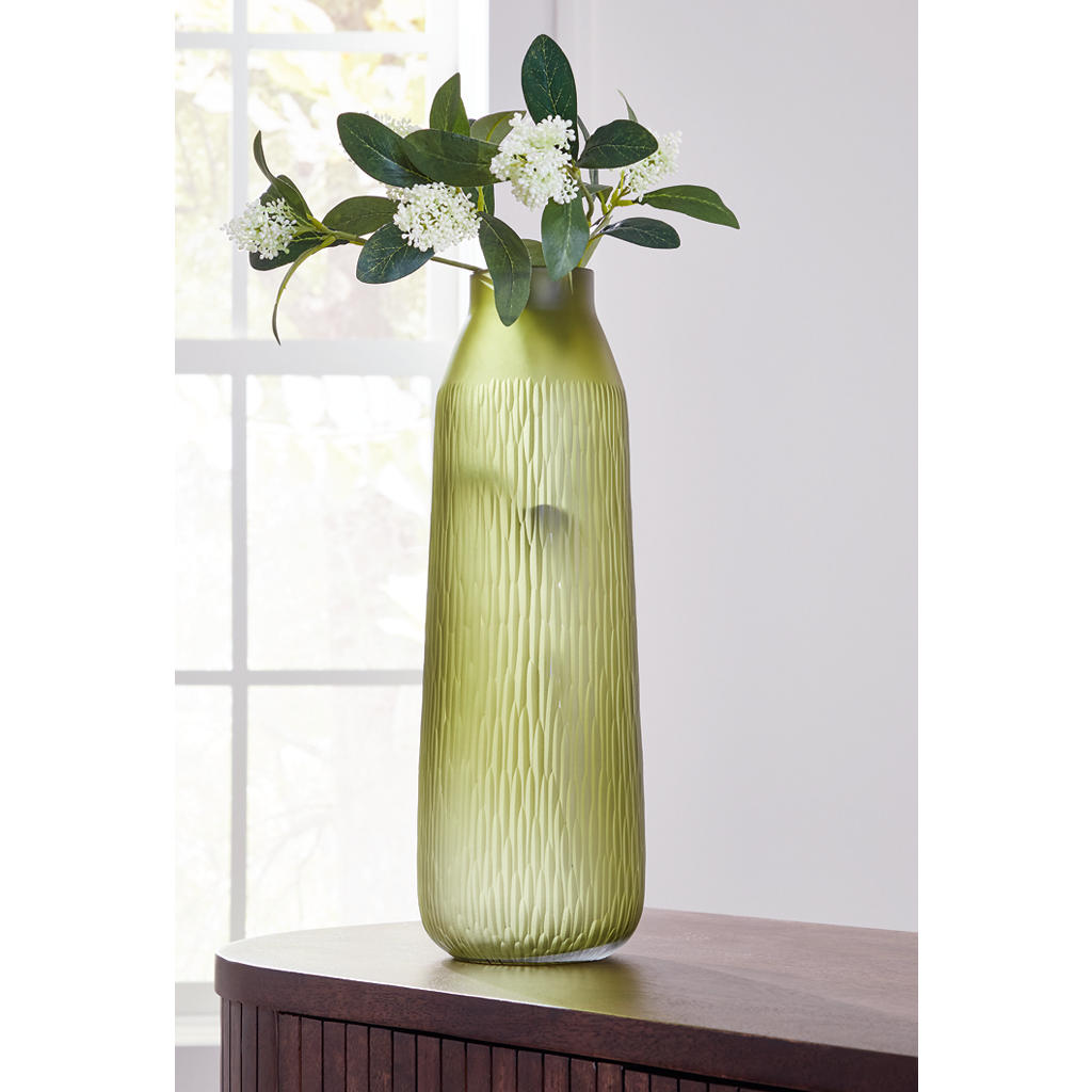 Scottyard Vase — Carved Olive Green Glass Signature Design by Ashley® Home Accents