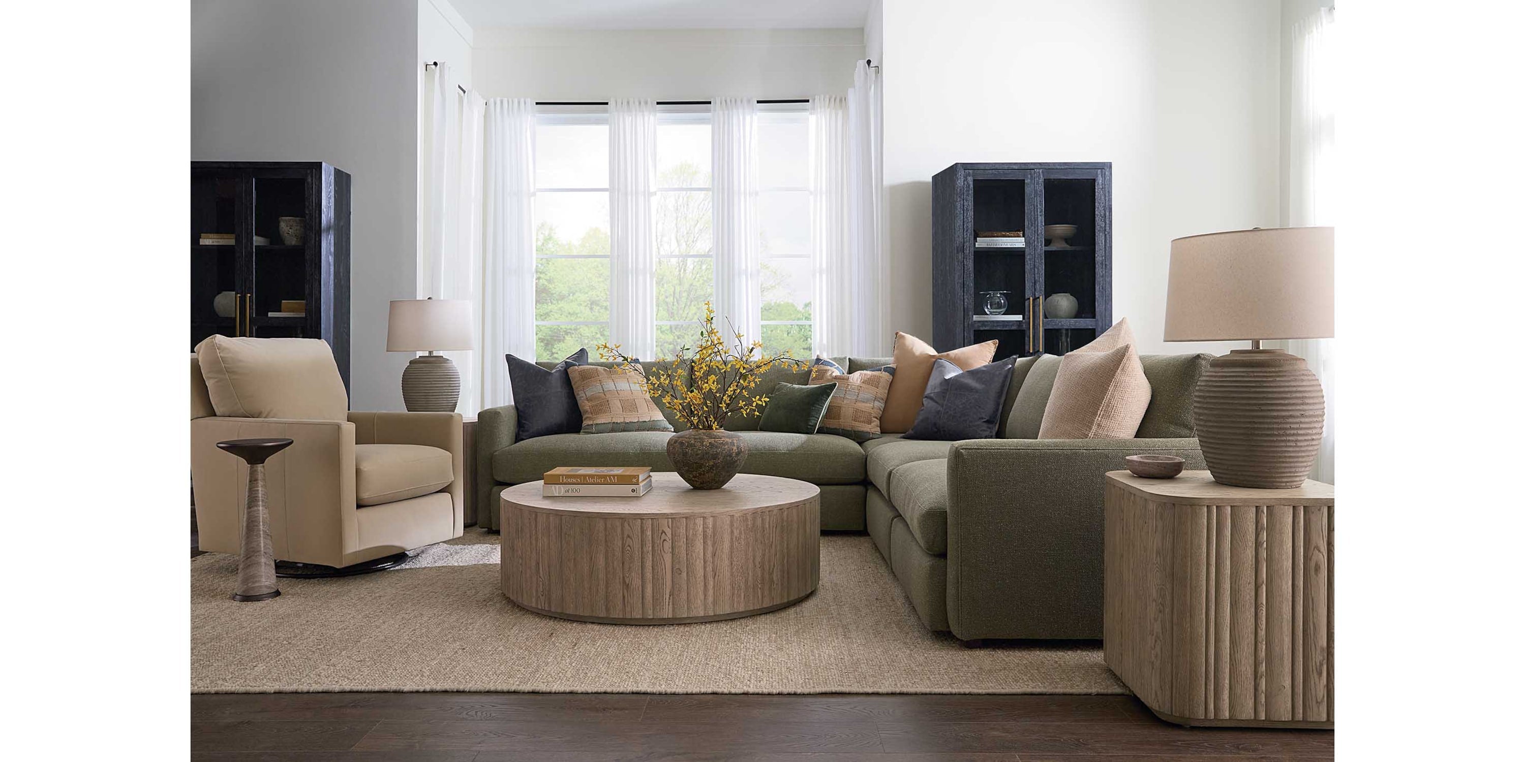 Trent Leather Thin Track Arm Swivel Glider Chair Bassett