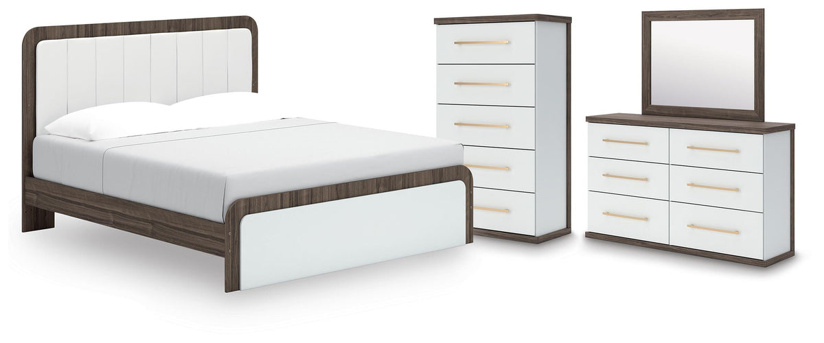 Kendanport King Upholstered Bed, Dresser, Mirror and Chest
