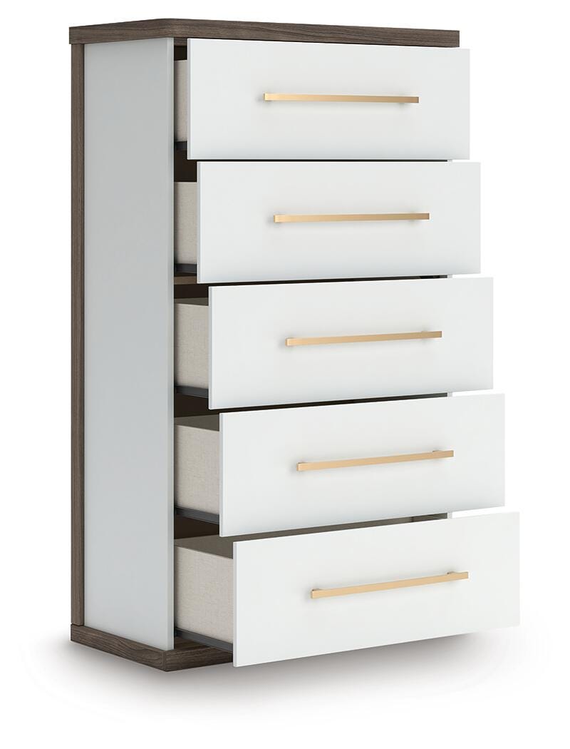 Kendanport King Upholstered Bed, Dresser, Mirror and Chest