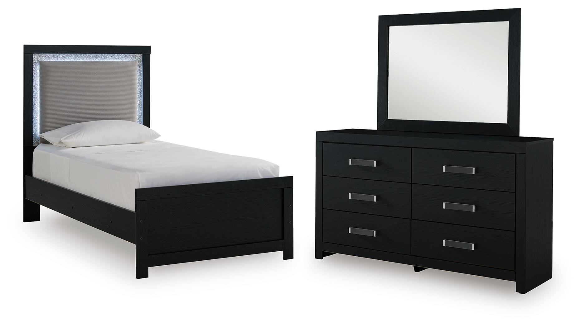 Maeling Twin Upholstered Panel Bed, Dresser and Mirror