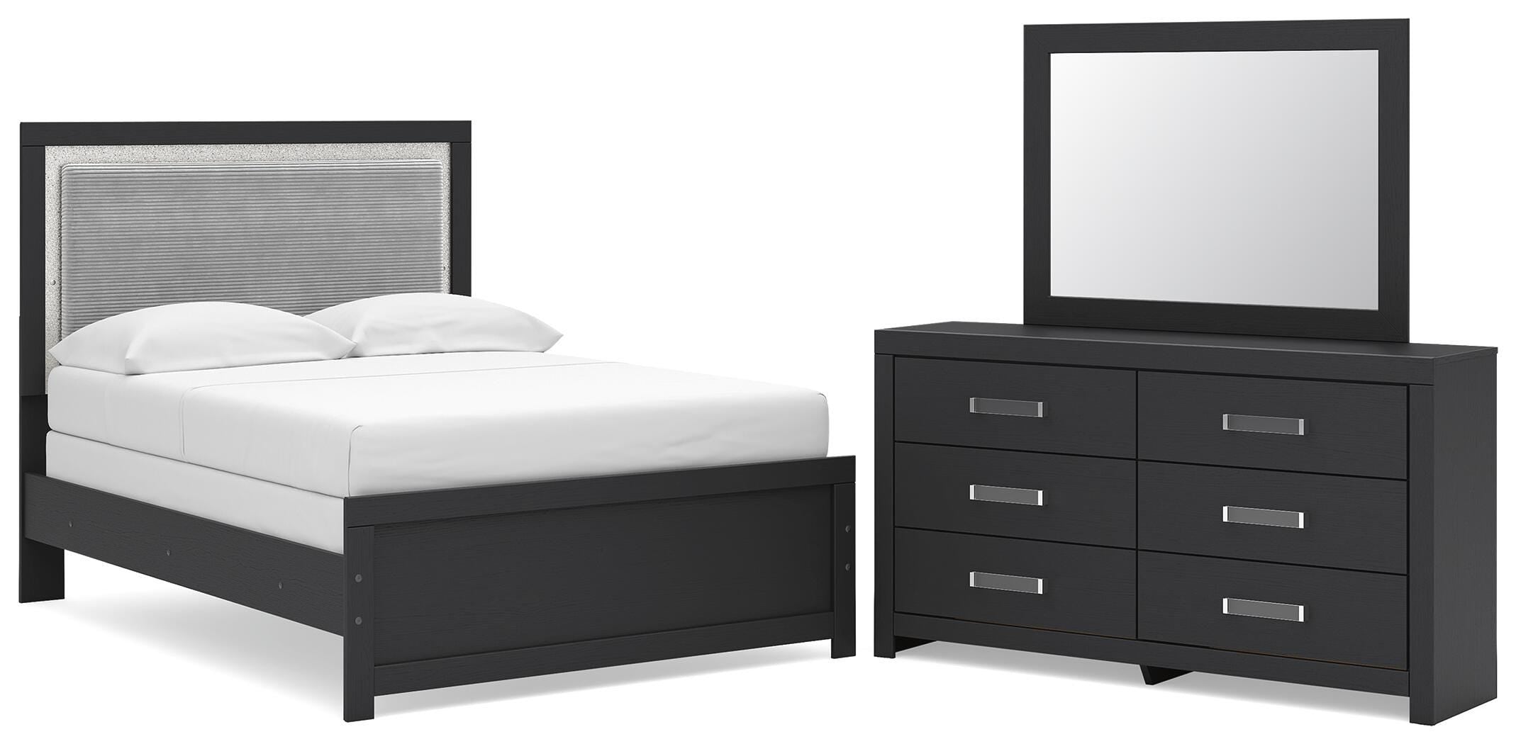 Maeling Full Upholstered Panel Bed, Dresser and Mirror