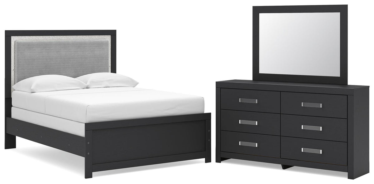 Maeling Full Upholstered Panel Bed, Dresser and Mirror