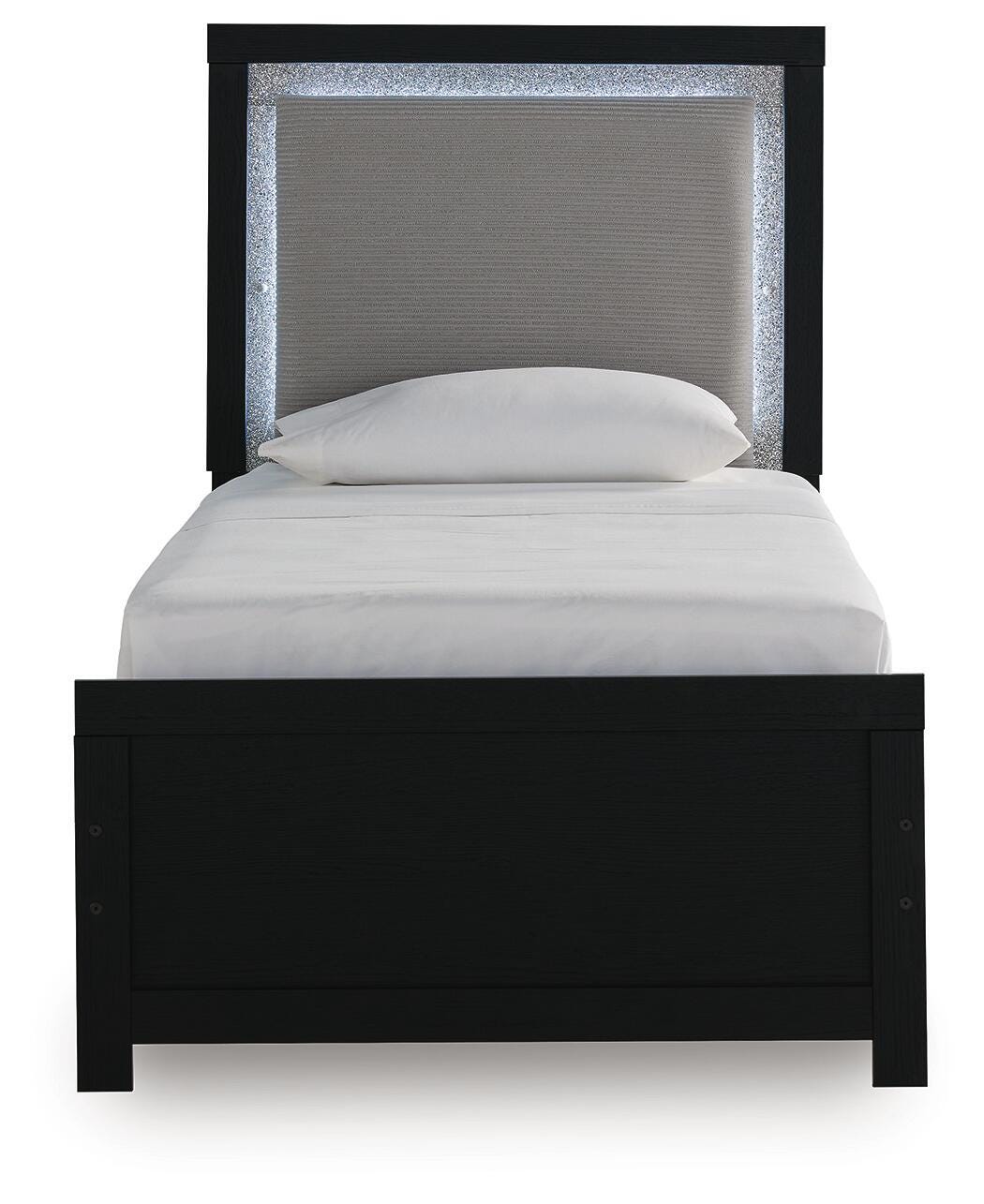 Maeling Twin Upholstered Panel Bed, Dresser and Mirror