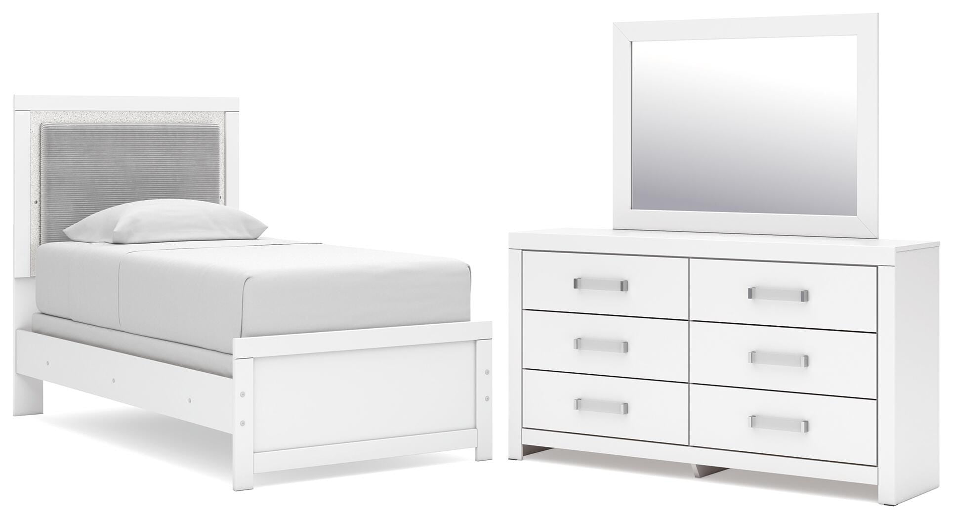Maeling Twin Upholstered Panel Bed, Dresser and Mirror