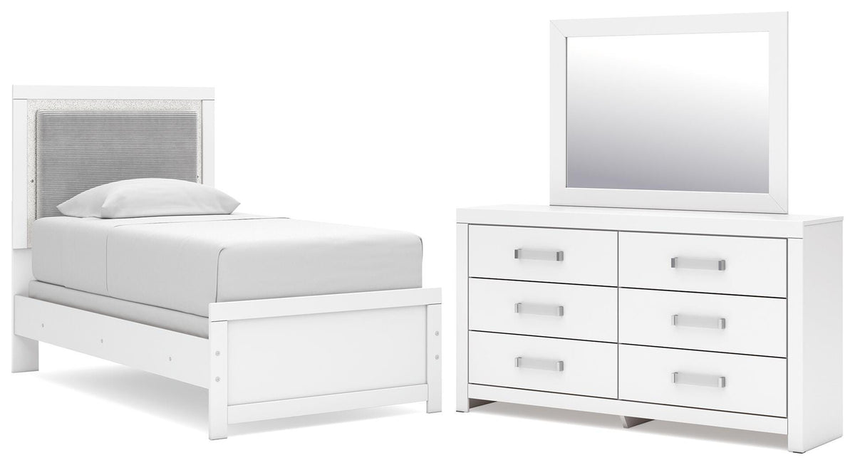 Maeling Twin Upholstered Panel Bed, Dresser and Mirror
