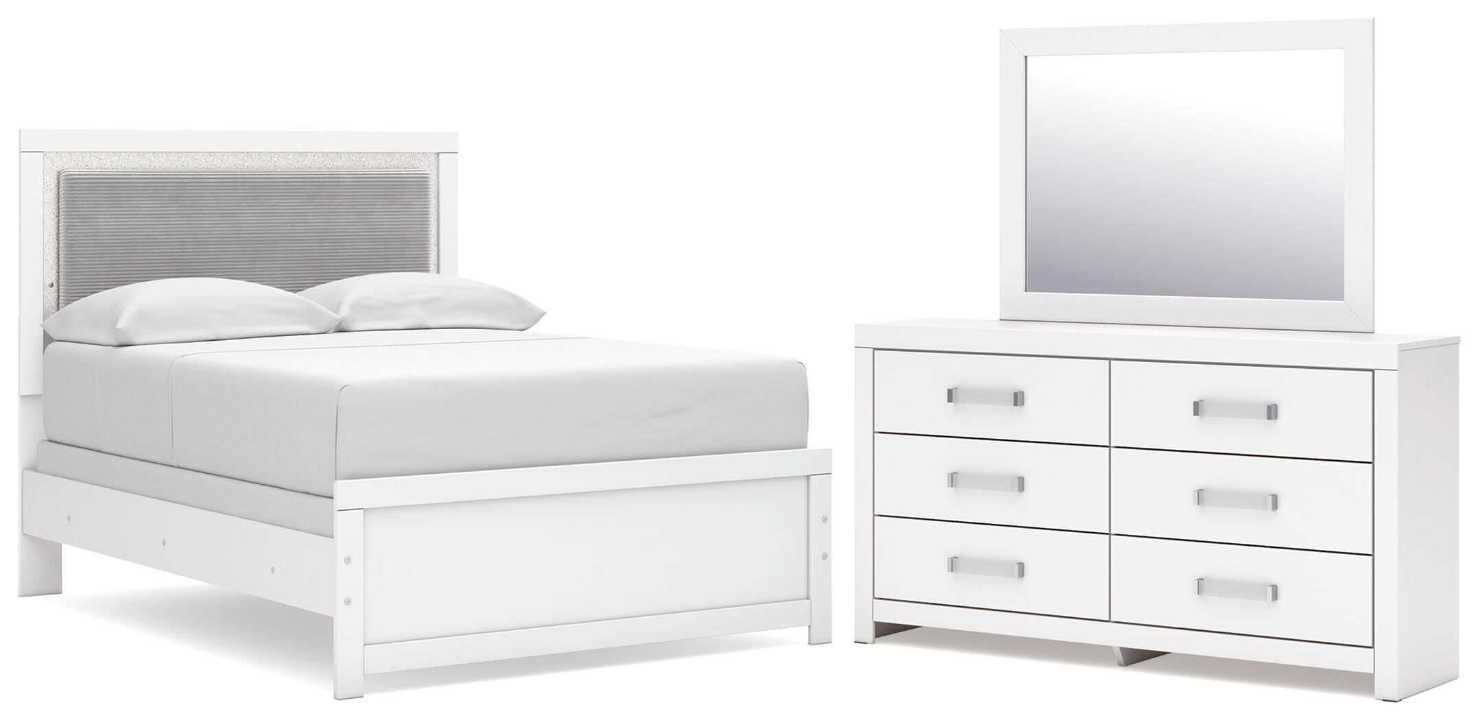 Maeling Full Upholstered Panel Bed, Dresser and Mirror