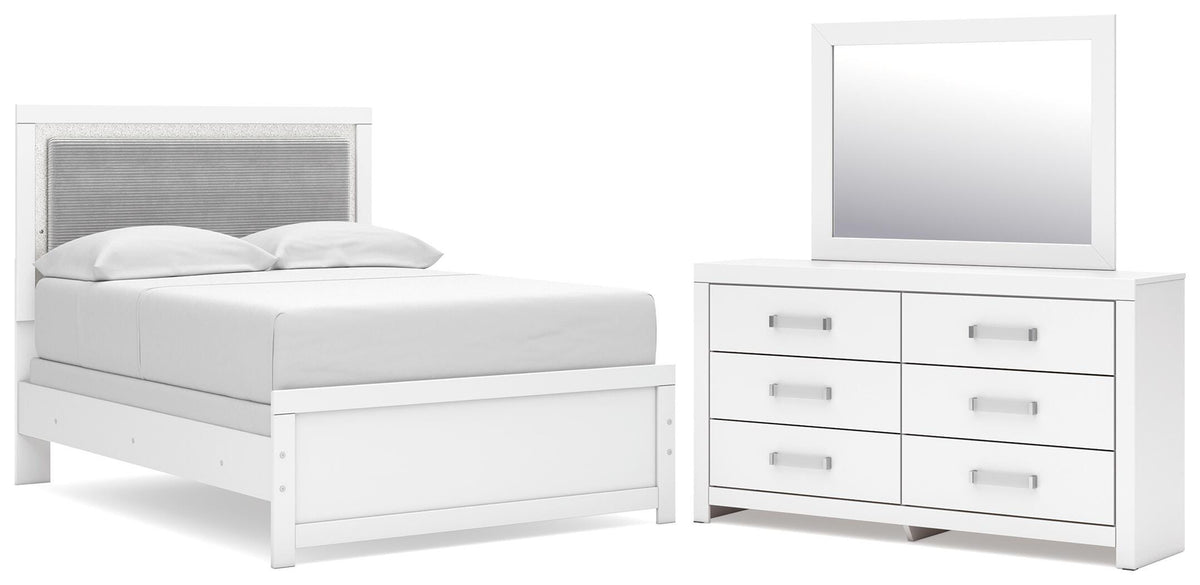 Maeling Full Upholstered Panel Bed, Dresser and Mirror