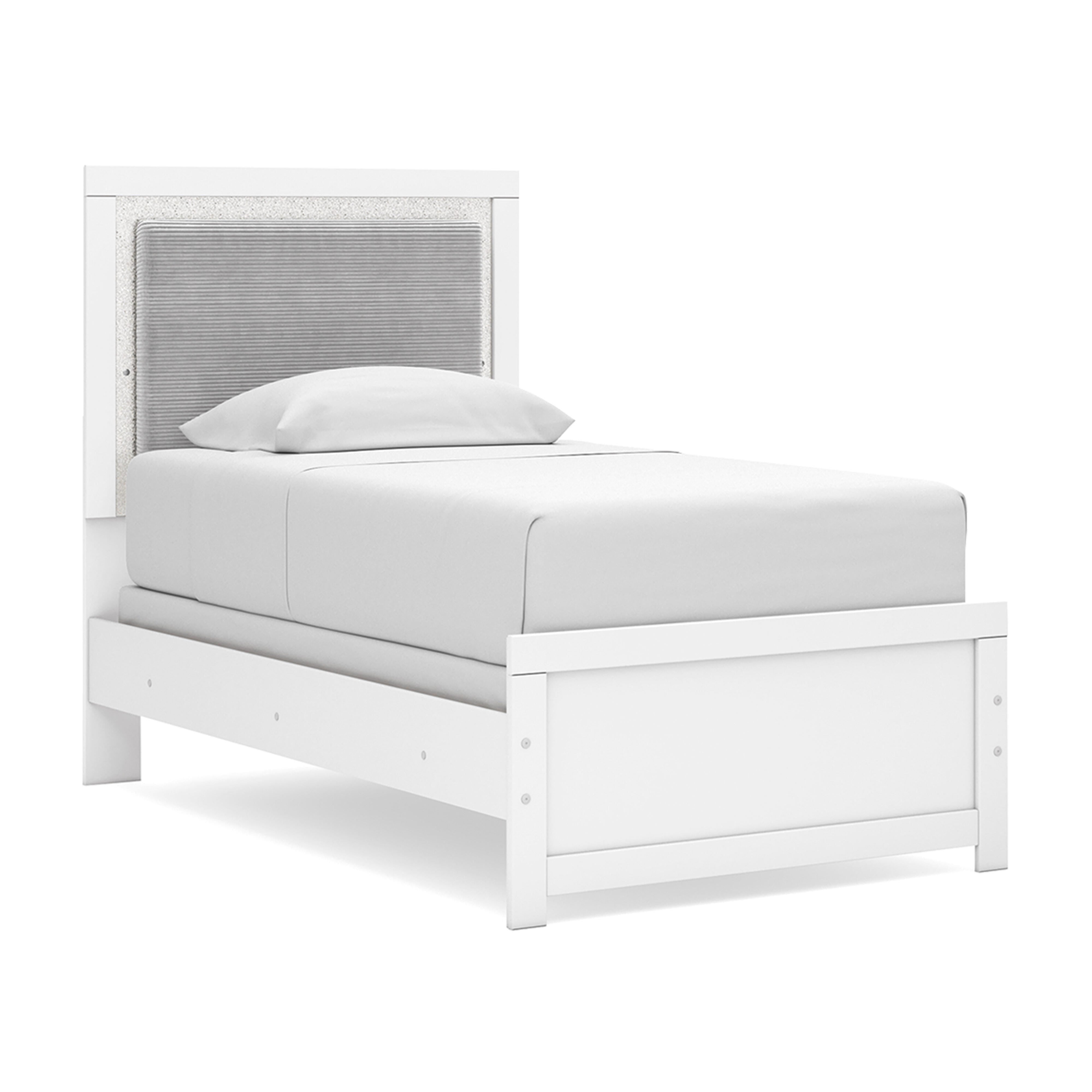 Maeling Twin Upholstered Panel Bed, Dresser and Mirror