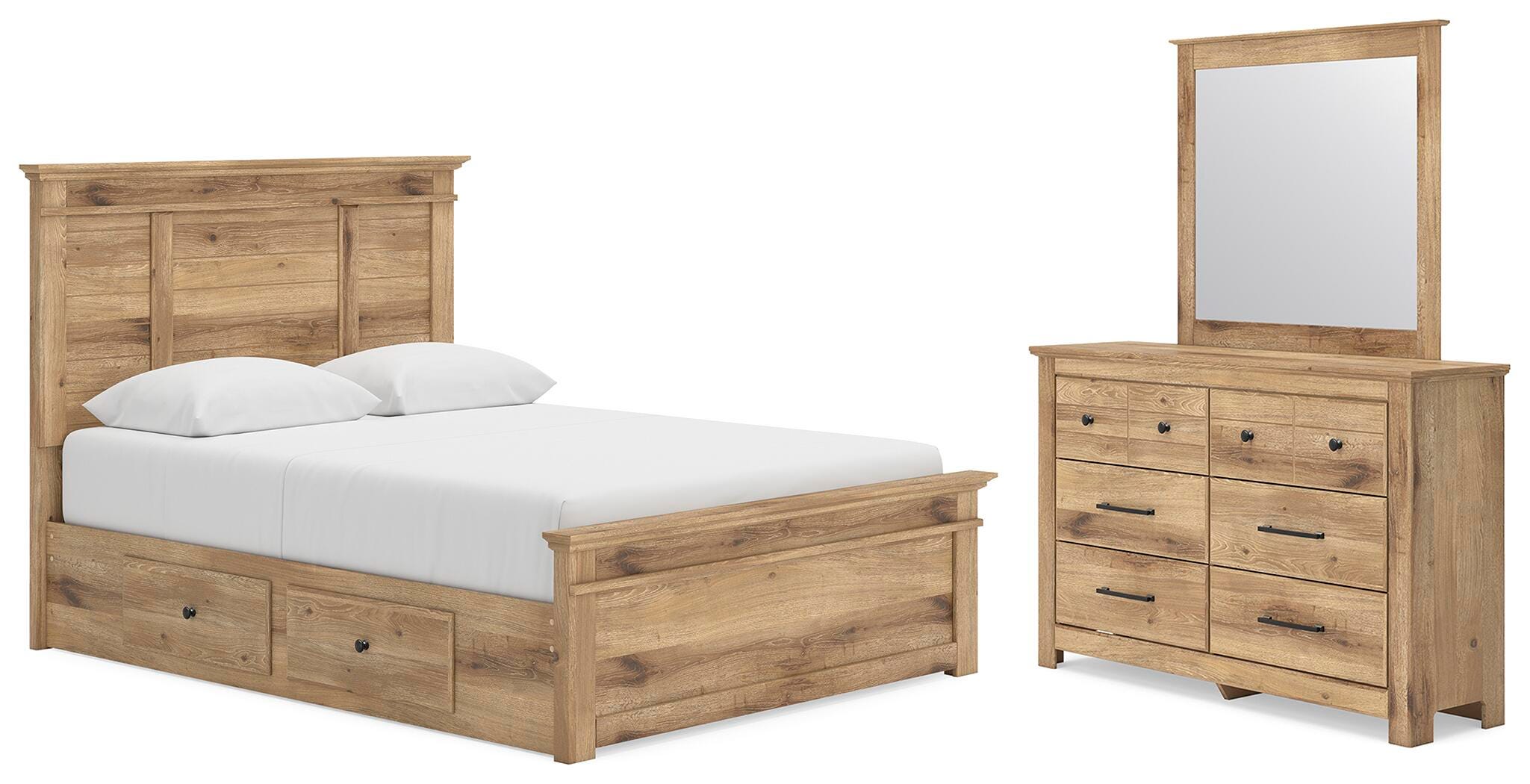 Makidern Queen Bed with 2 Underbed Units, Dresser and Mirror (B9)
