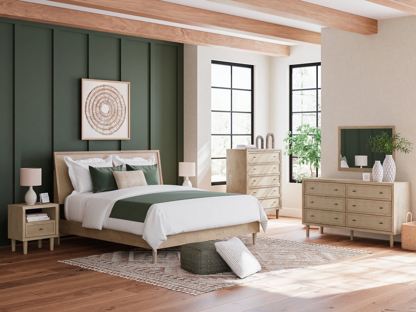 Cielden King Panel Bed, Dresser, Mirror and Nightstand