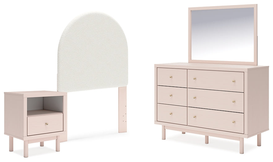 Wistenpine Twin Upholstered Panel Headboard with Mirrored Dresser and Nightstand