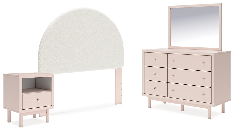 Wistenpine Full Upholstered Panel Headboard with Mirrored Dresser and Nightstand
