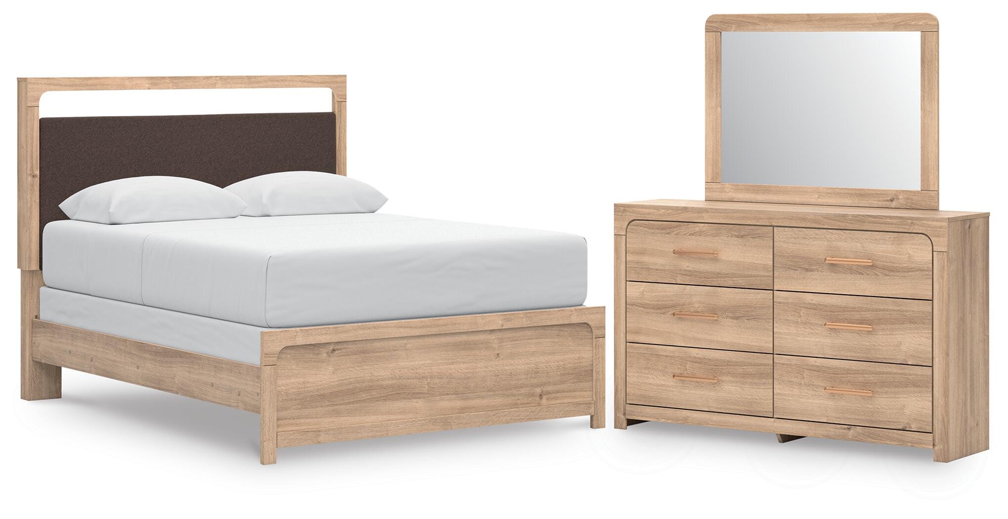Kinlanni Queen Upholstered Bed, Dresser and Mirror (B7 — Rails)