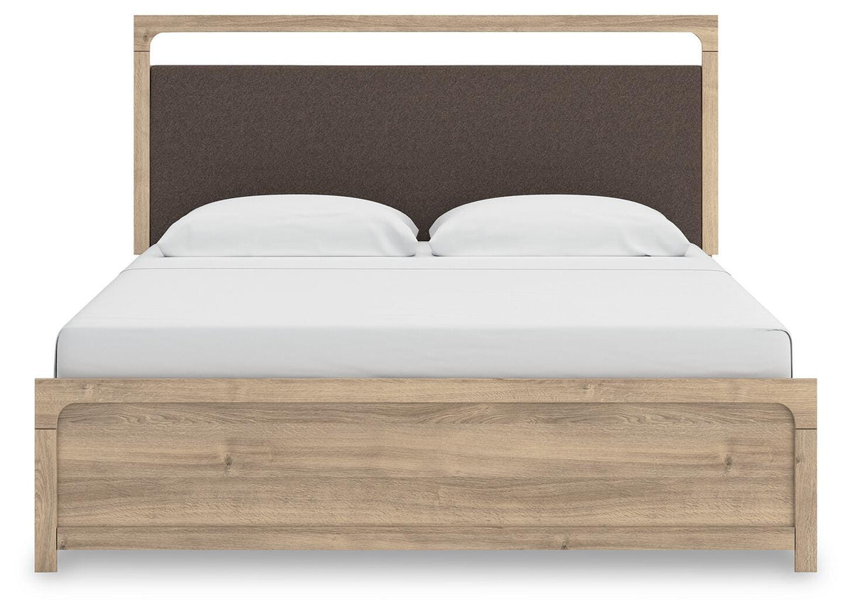 Kinlanni King Upholstered Panel Bed, Dresser, Mirror and Nightstand