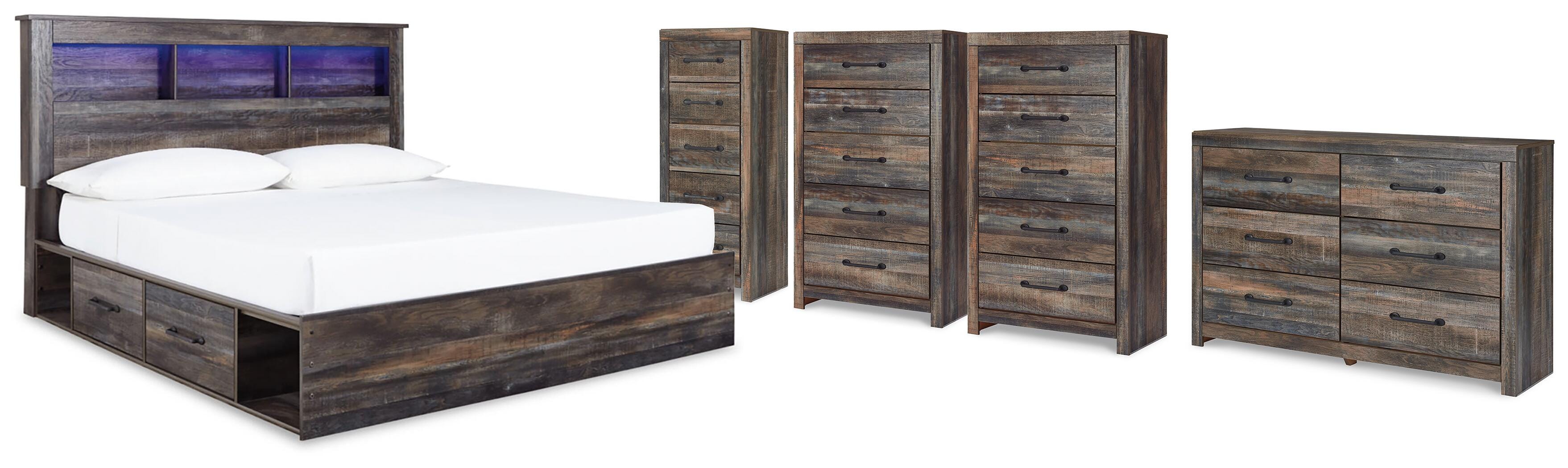 Drystan King Bookcase Storage Bed, Dresser, 2 Chests and Narrow Chest