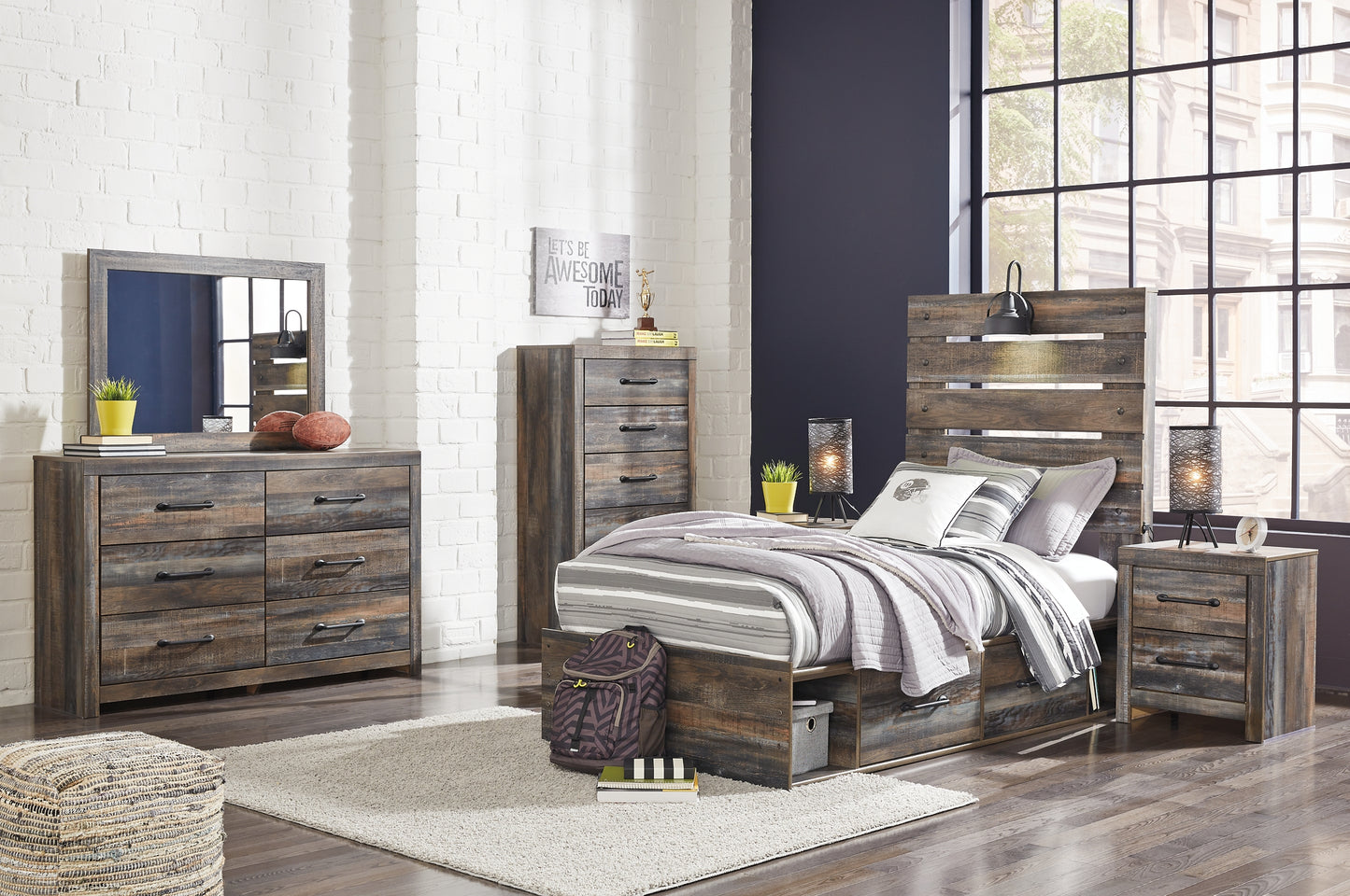 Drystan Twin Panel Bed with Storage, Dresser, Mirror and Chest