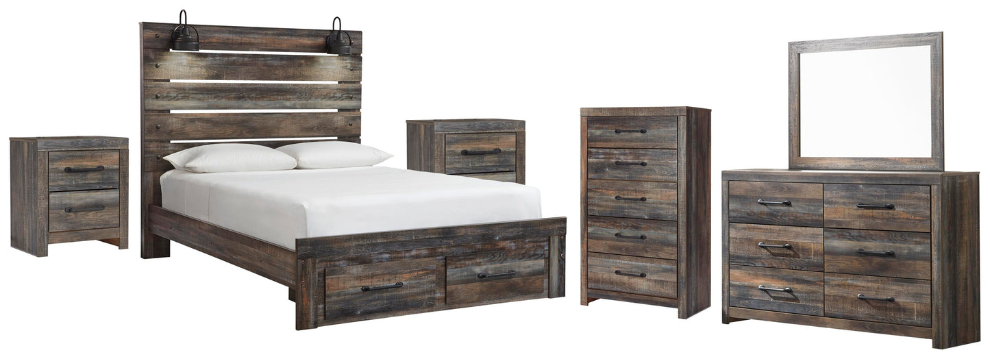 Drystan Queen Panel Storage Bed, Dresser, Mirror, Chest and 2 Nightstands