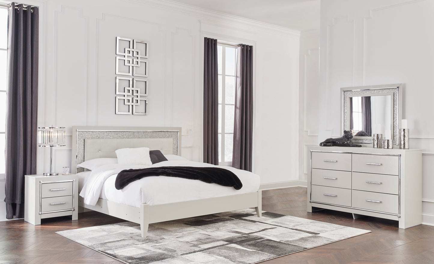 Zyniden King Upholstered Panel Bed, Dresser and Mirror