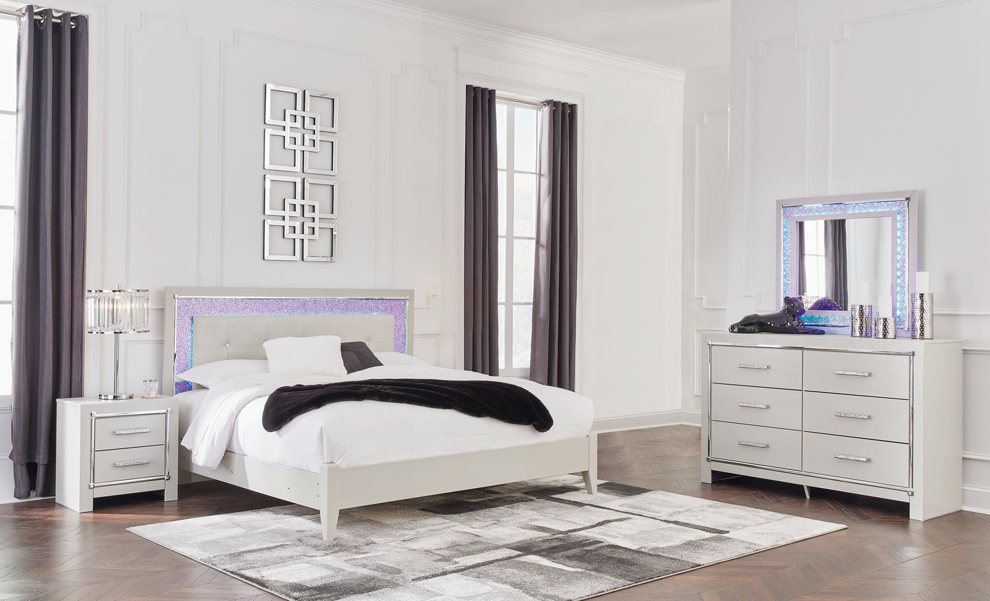 Zyniden King Upholstered Panel Bed, Dresser and Mirror