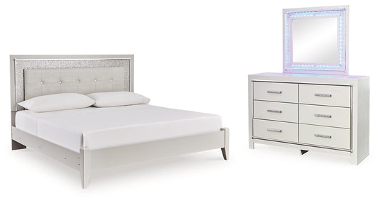 Zyniden King Upholstered Panel Bed, Dresser and Mirror