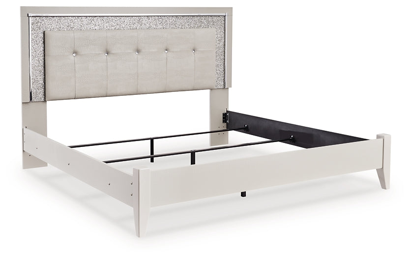 Zyniden King Upholstered Panel Bed, Dresser and Mirror