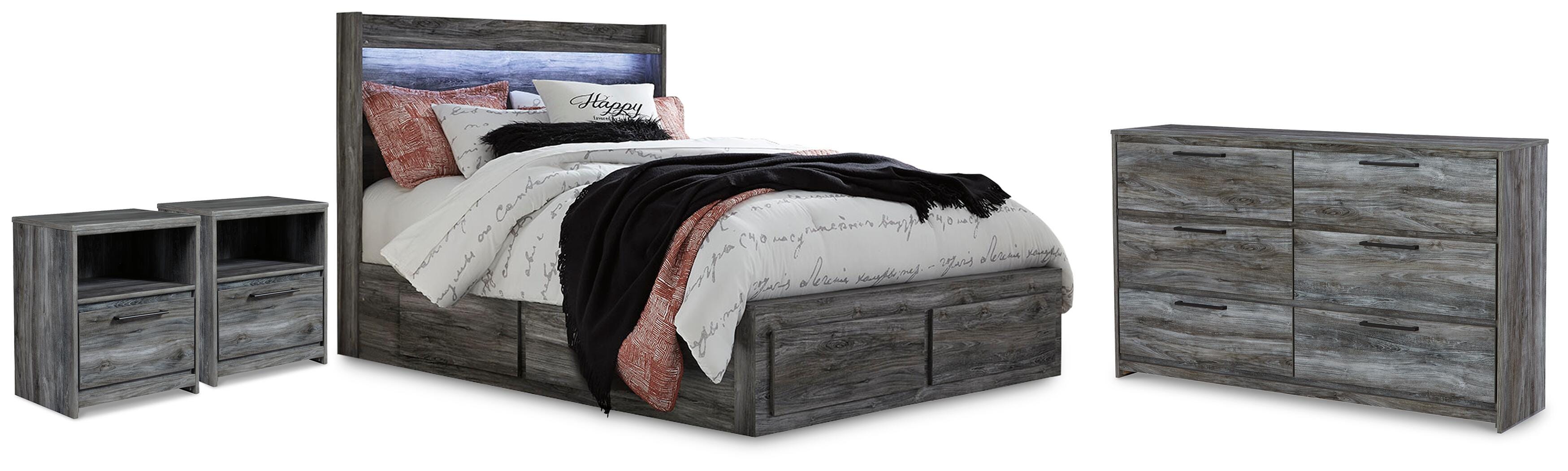 Baystorm Queen Panel Bed with Storage, Dresser and 2 Nightstands