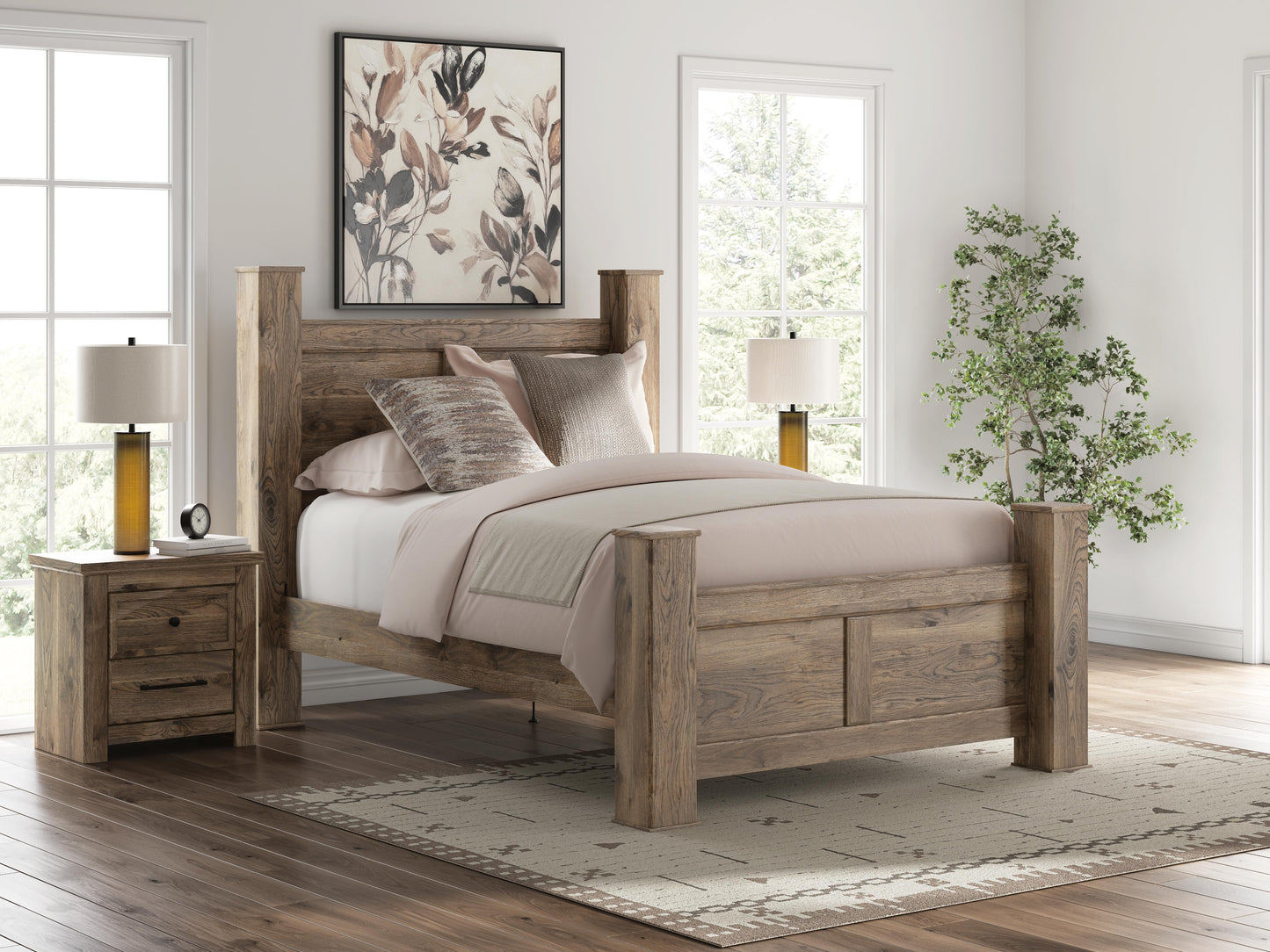 Rusticott Queen Poster Bed, Dresser, Mirror and Nightstand Signature Design by Ashley® Bedroom