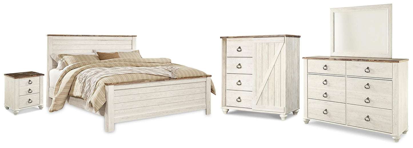 Willowton King Panel Bed, Dresser, Mirror, Chest and Nightstand