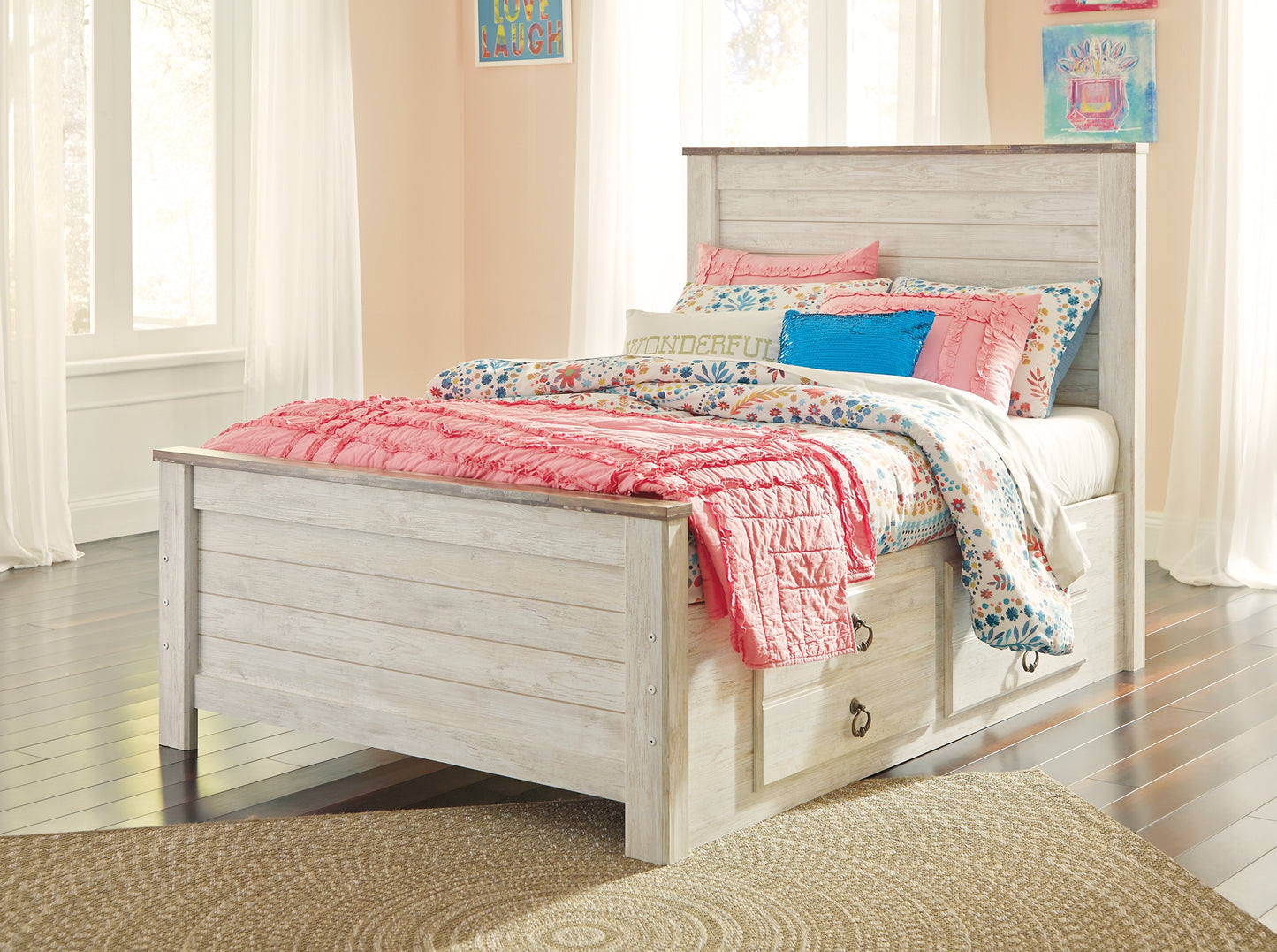 Willowton Full Panel Bed with Storage, Dresser and Mirror