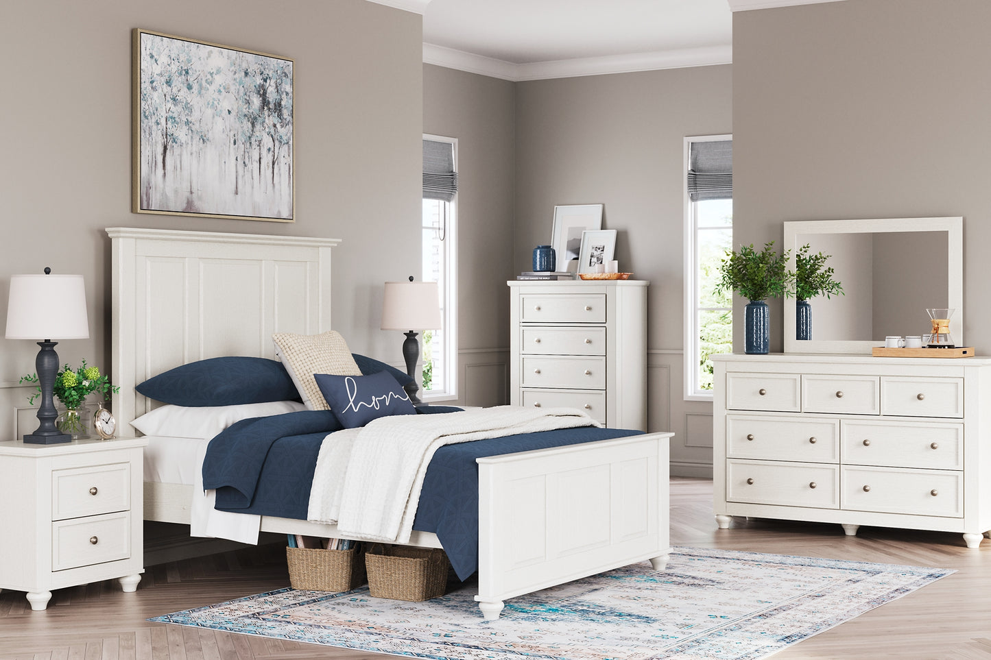 Grantoni Queen Panel Bed, Dresser, Mirror and 2 Nightstands