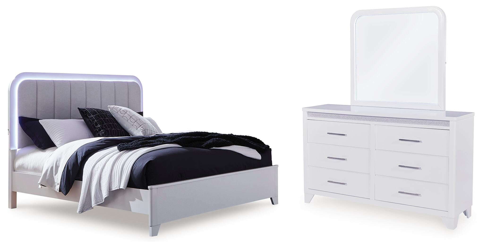 Jarlee Queen Upholstered Panel Bed, Dresser and Mirror — White Signature Design by Ashley® Bedroom