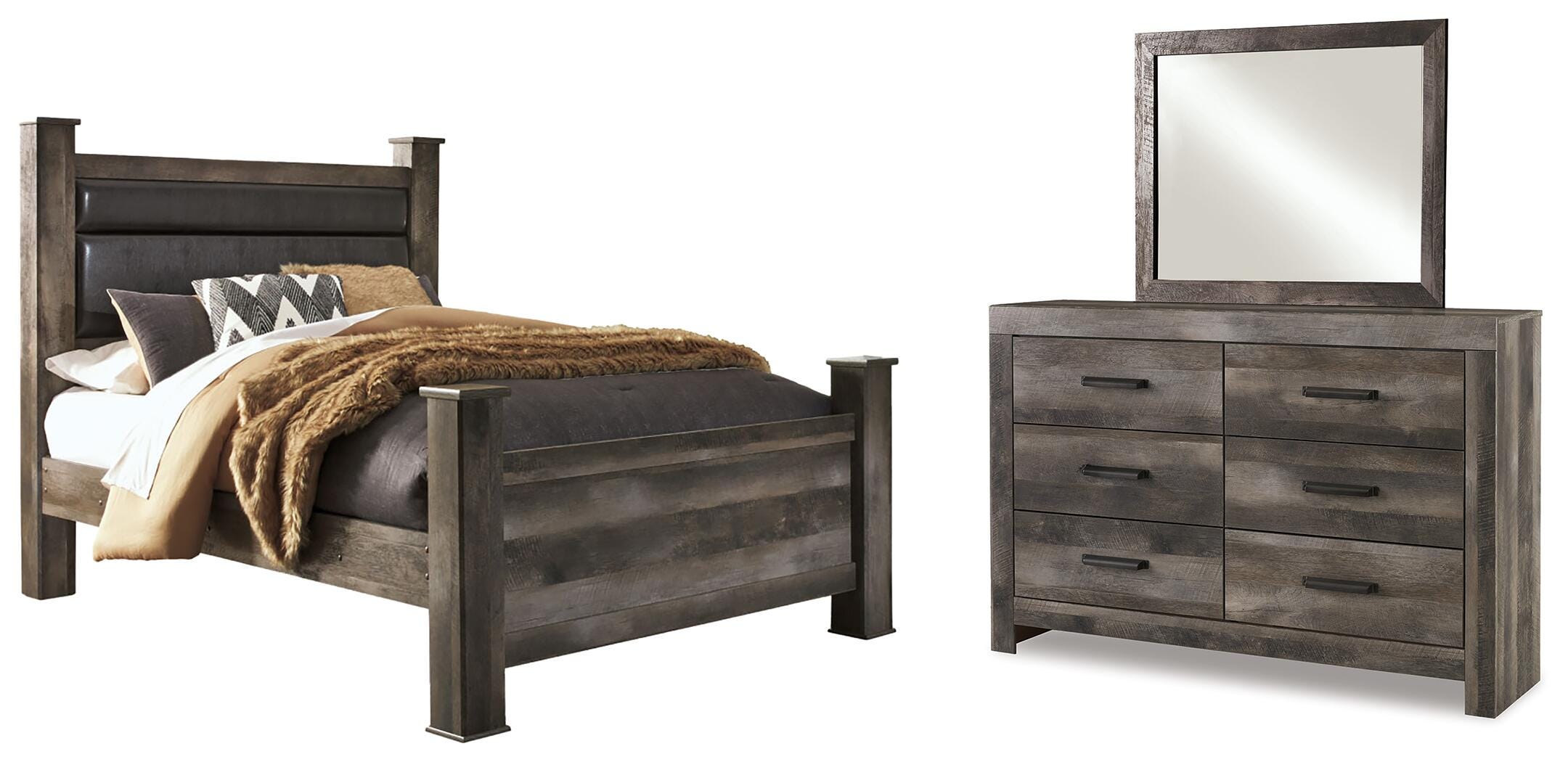 Wynnlow Queen Upholstered Poster Bed, Dresser and Mirror