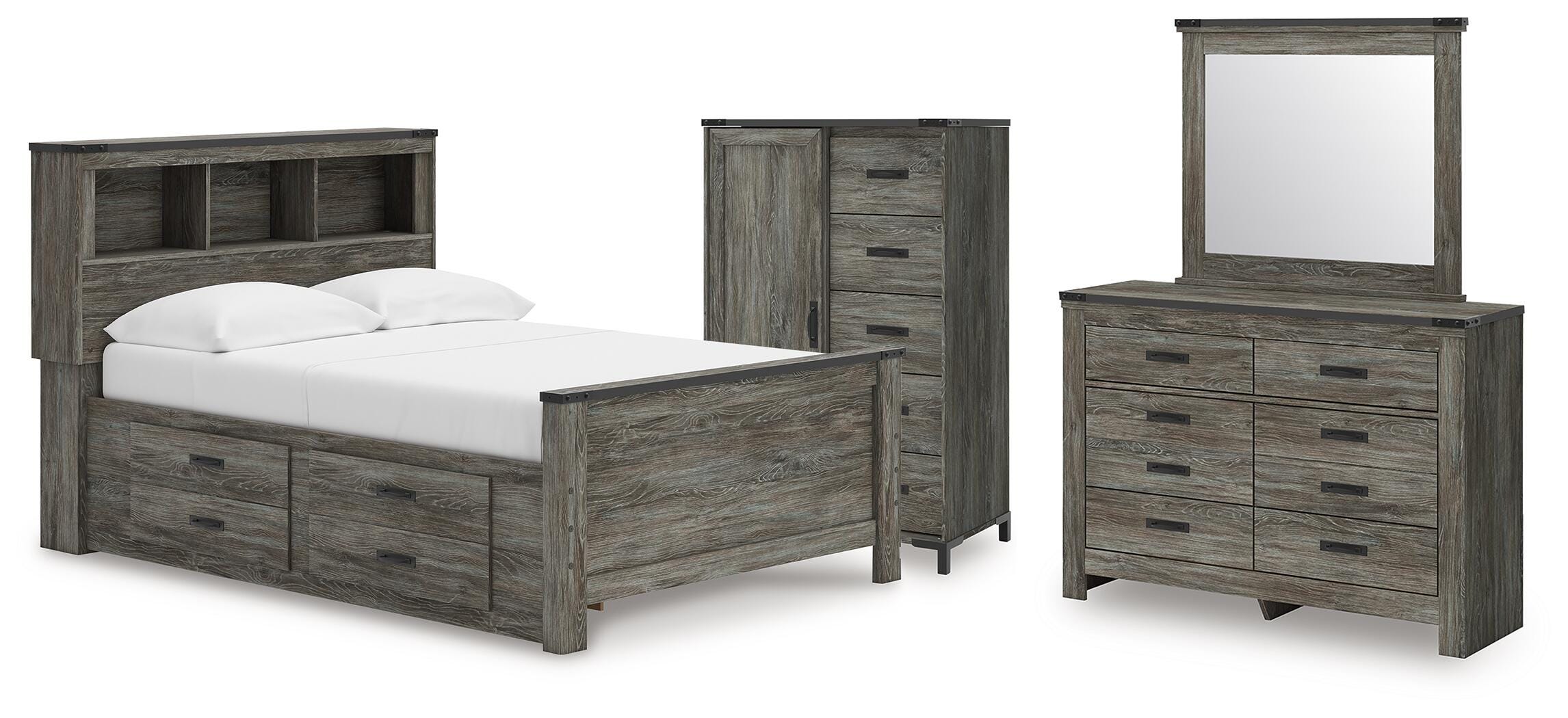 Frandern Full Bookcase Panel Bed with Storage, Dresser, Mirror and Chest