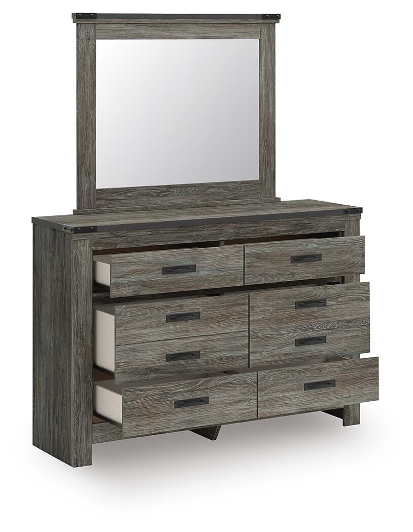 Frandern Full Bookcase Panel Bed with Storage, Dresser, Mirror and Chest