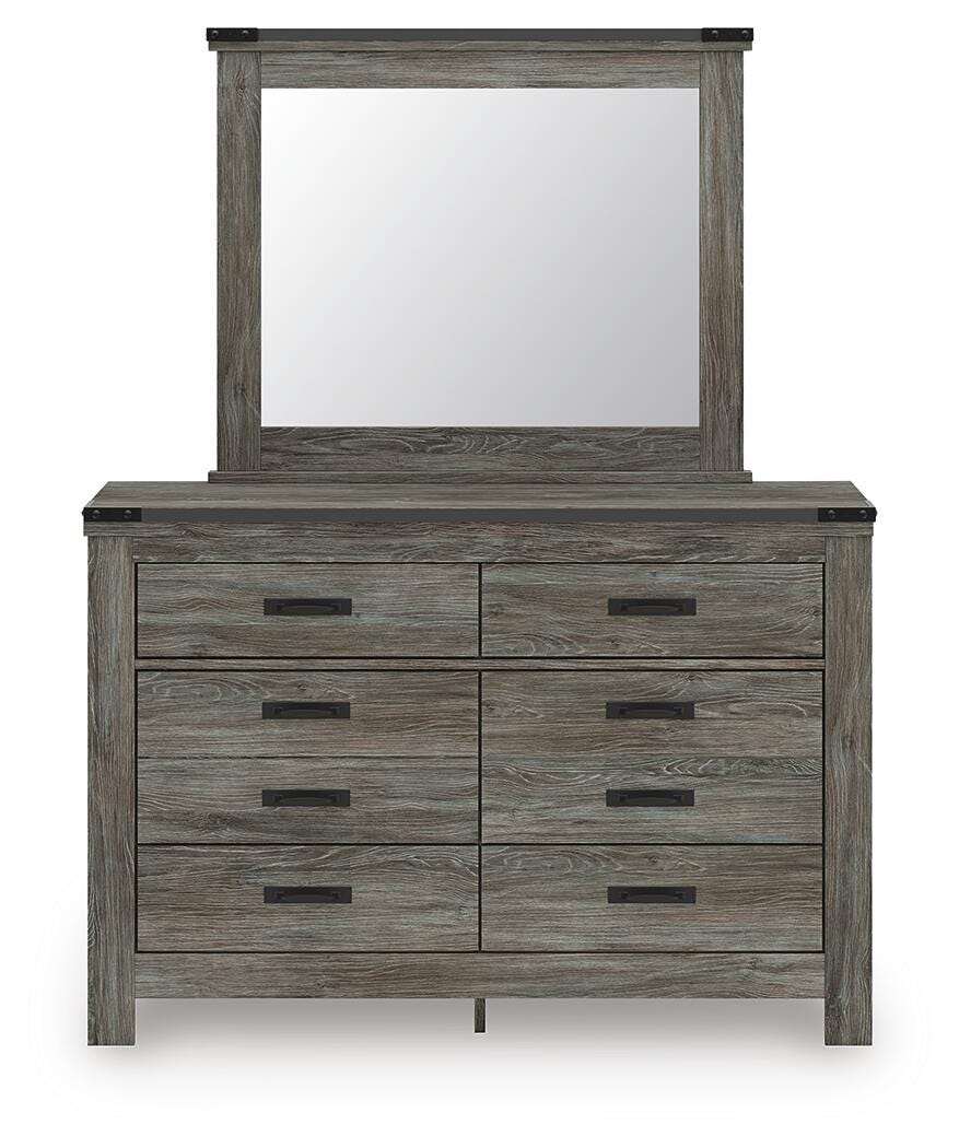 Frandern Full Bookcase Panel Bed with Storage, Dresser, Mirror and Chest