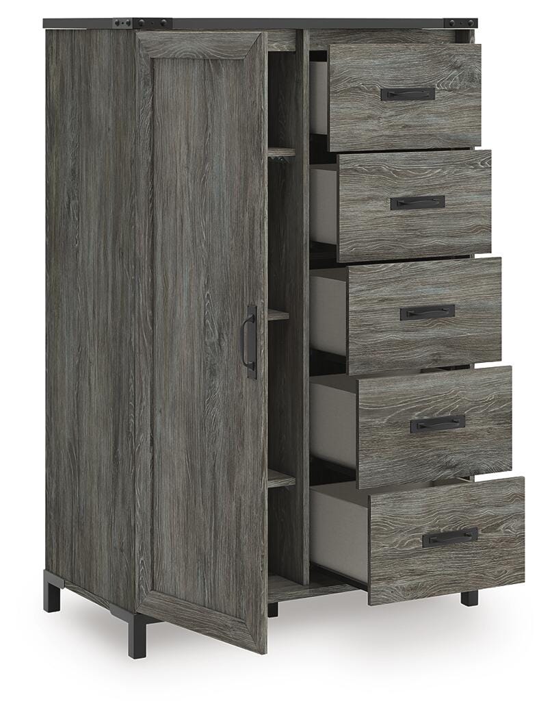 Frandern Full Bookcase Panel Bed with Storage, Dresser, Mirror and Chest