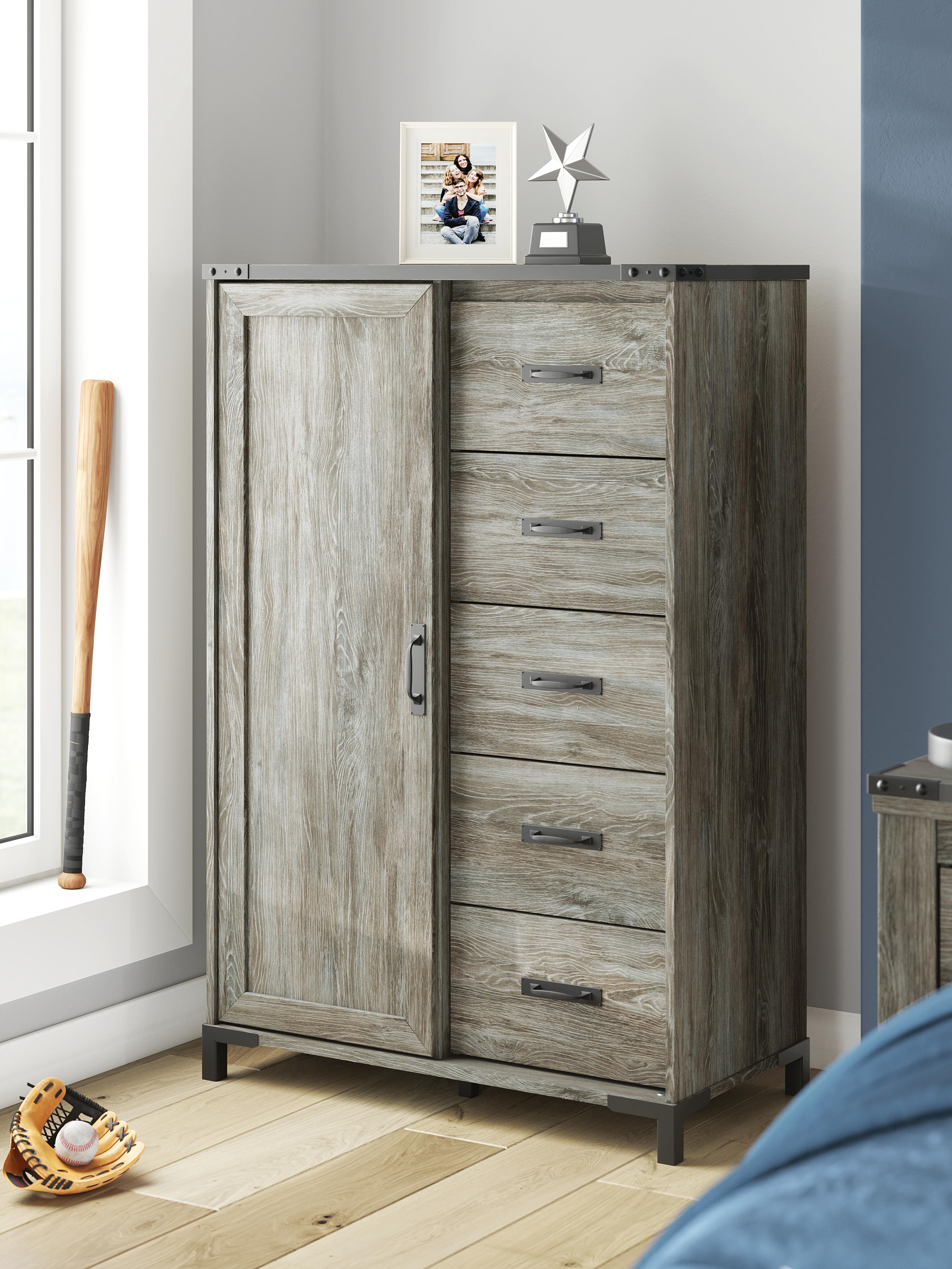 Frandern Full Bookcase Panel Bed with Storage, Dresser, Mirror and Chest