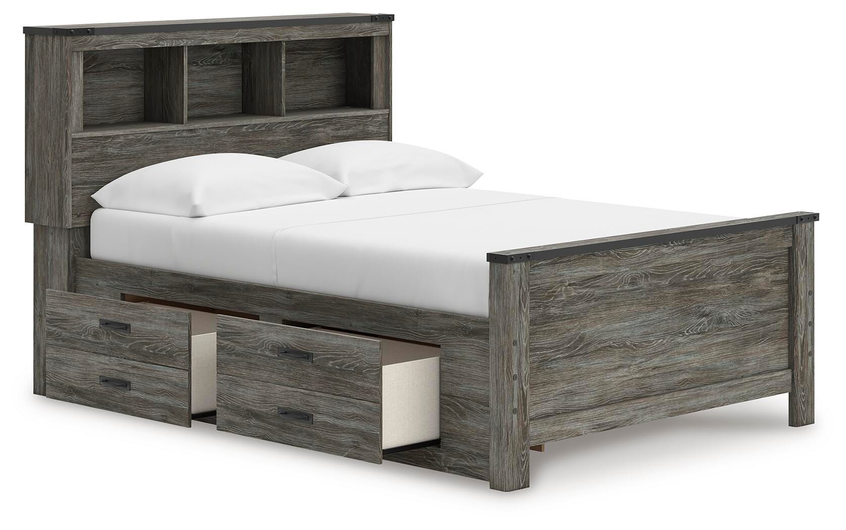 Frandern Full Bookcase Panel Bed with Storage, Dresser, Mirror and Chest