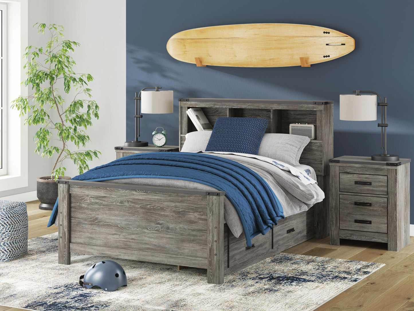 Frandern Full Bookcase Panel Bed with Storage, Dresser, Mirror and Chest