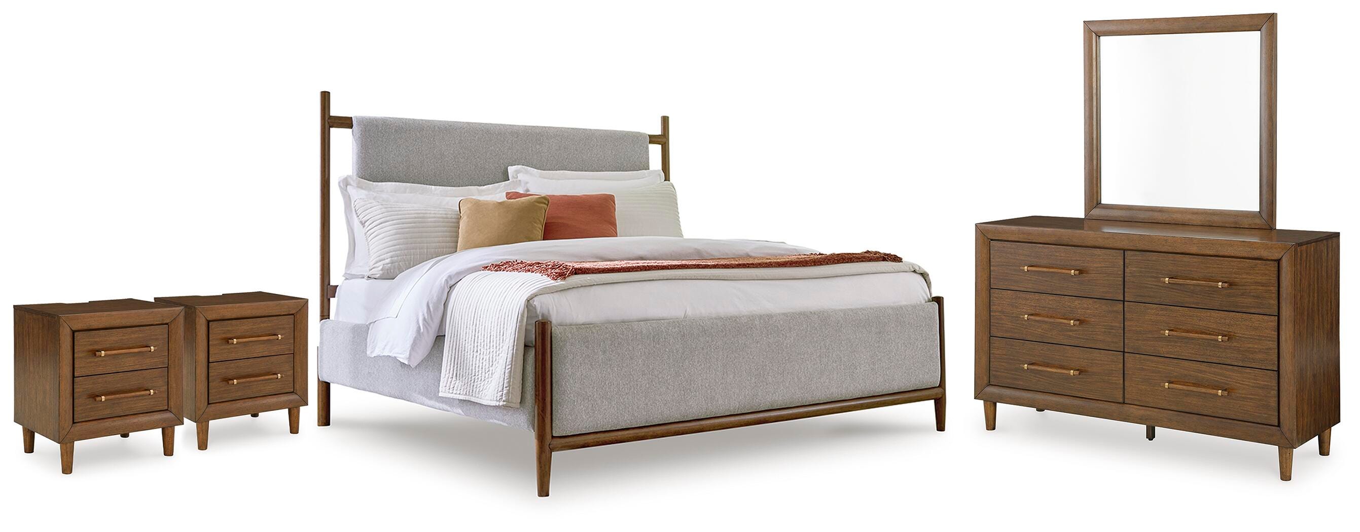 Lyncott Queen Upholstered Bed, Dresser, Mirror and 2 Nightstands