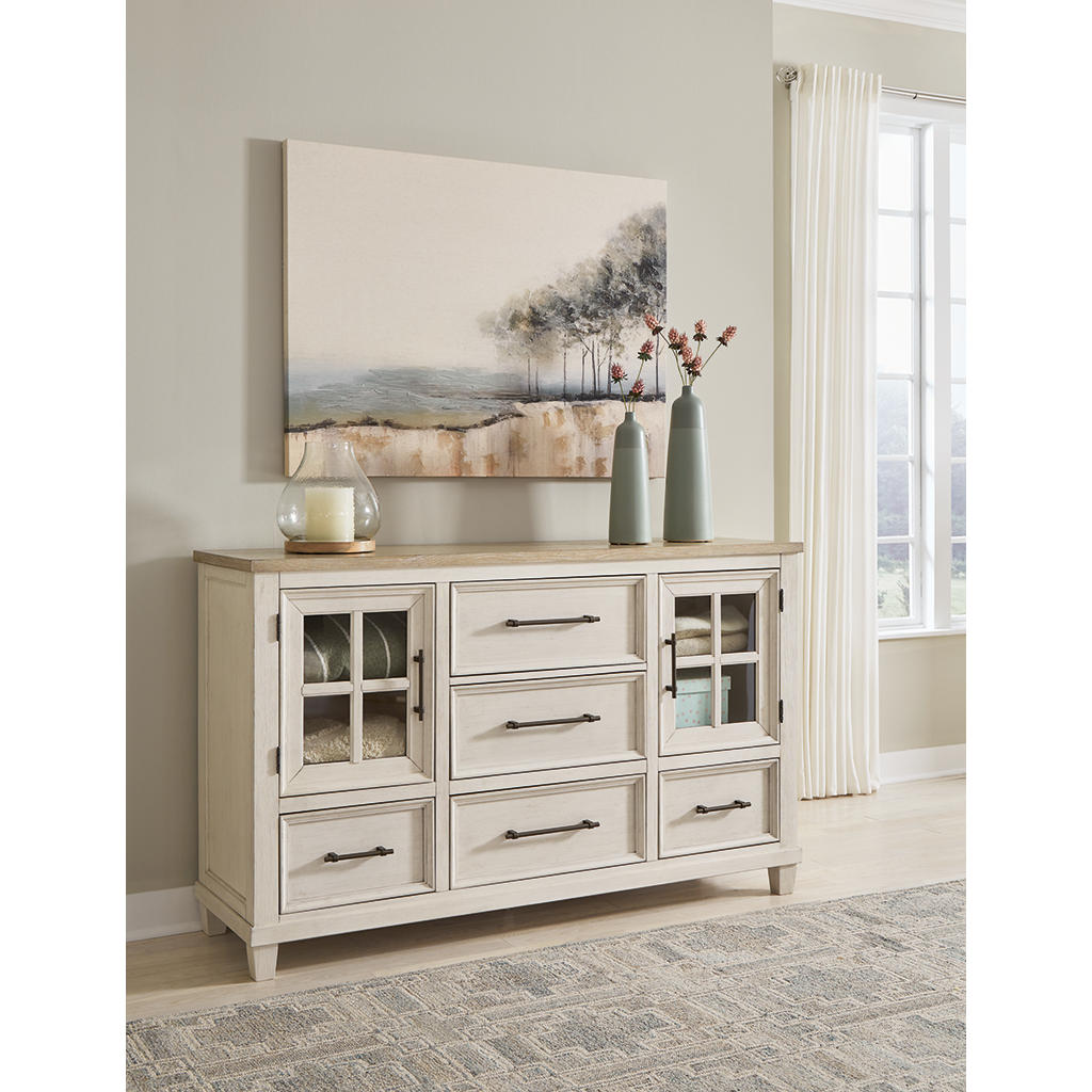 Shaybrock Dresser — Glass-Front Cabinets, Two-Tone Benchcraft® Bedroom
