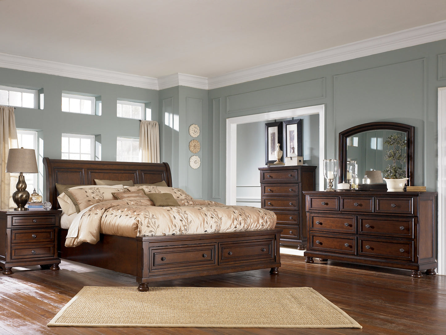 Porter King Sleigh Bed with Mirrored Dresser and 2 Nightstands