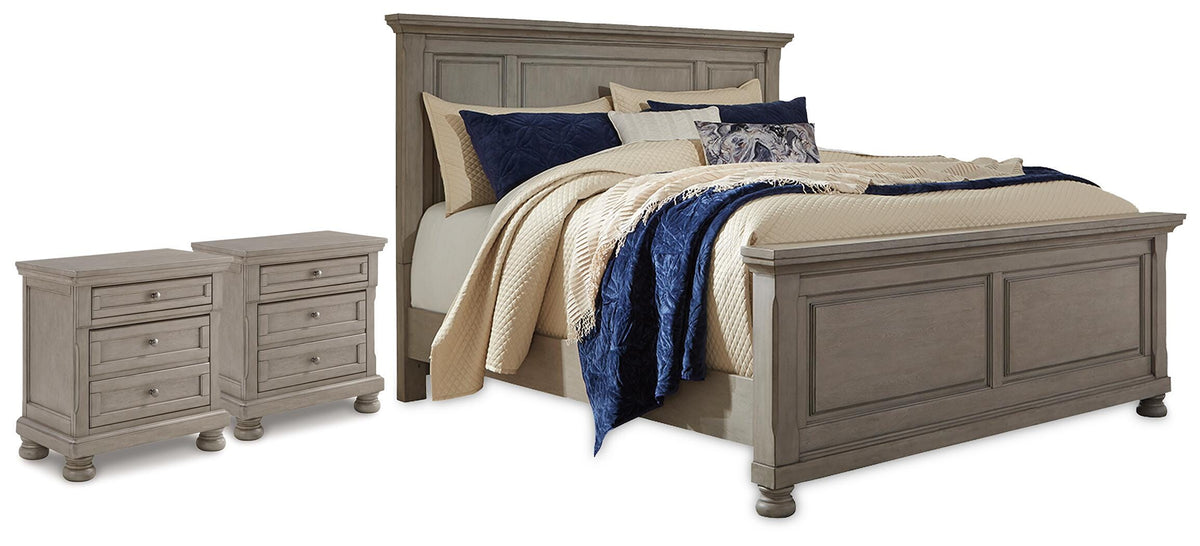 Lettner California King Panel Bed and 2 Nightstands