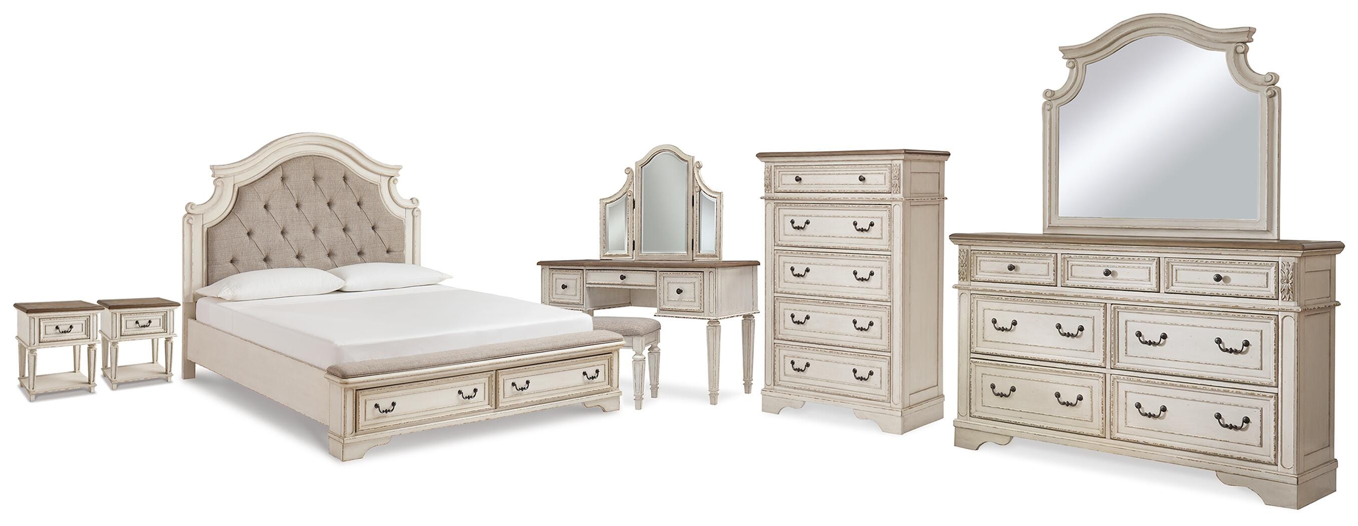 Realyn King Storage Bed, Dresser, Mirror, Chest, Vanity with Stool and 2 Nightstands
